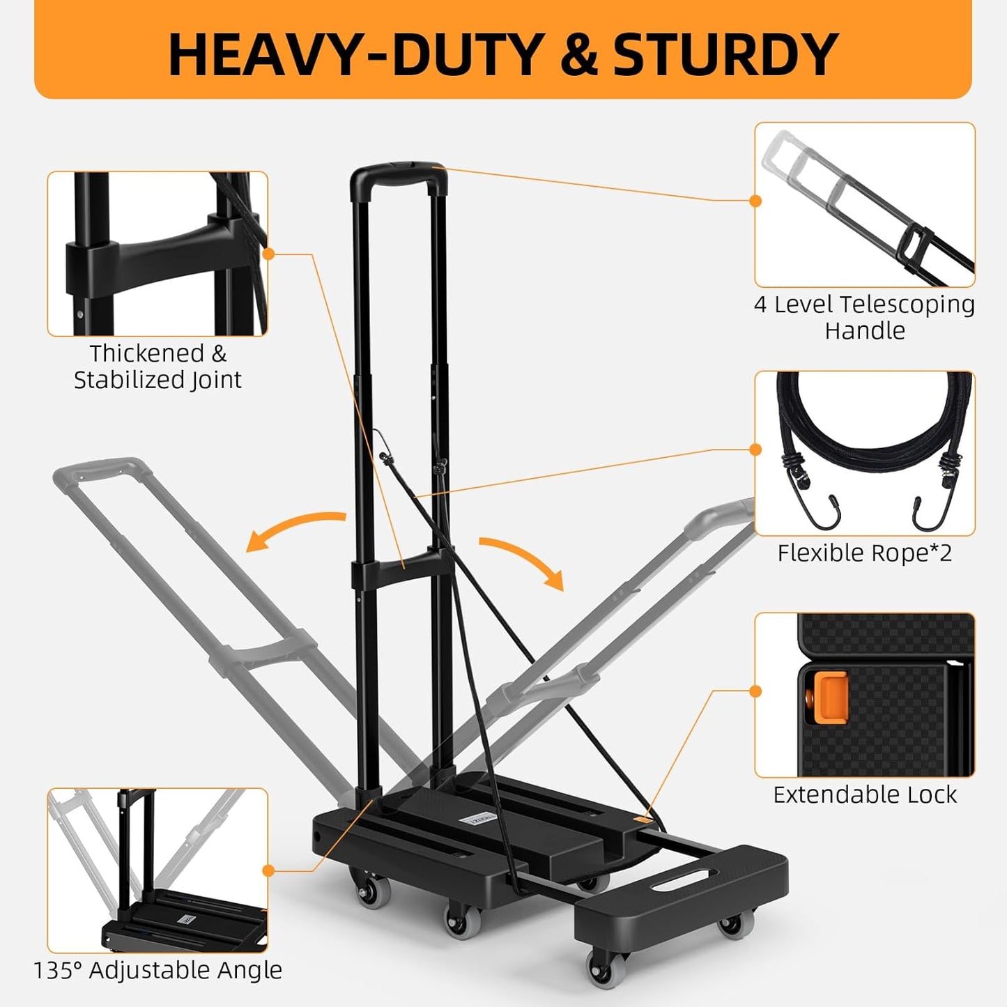 Heavy Duty Folding Hand Trucks with 6 Wheels & 2 Elastic Ropes
