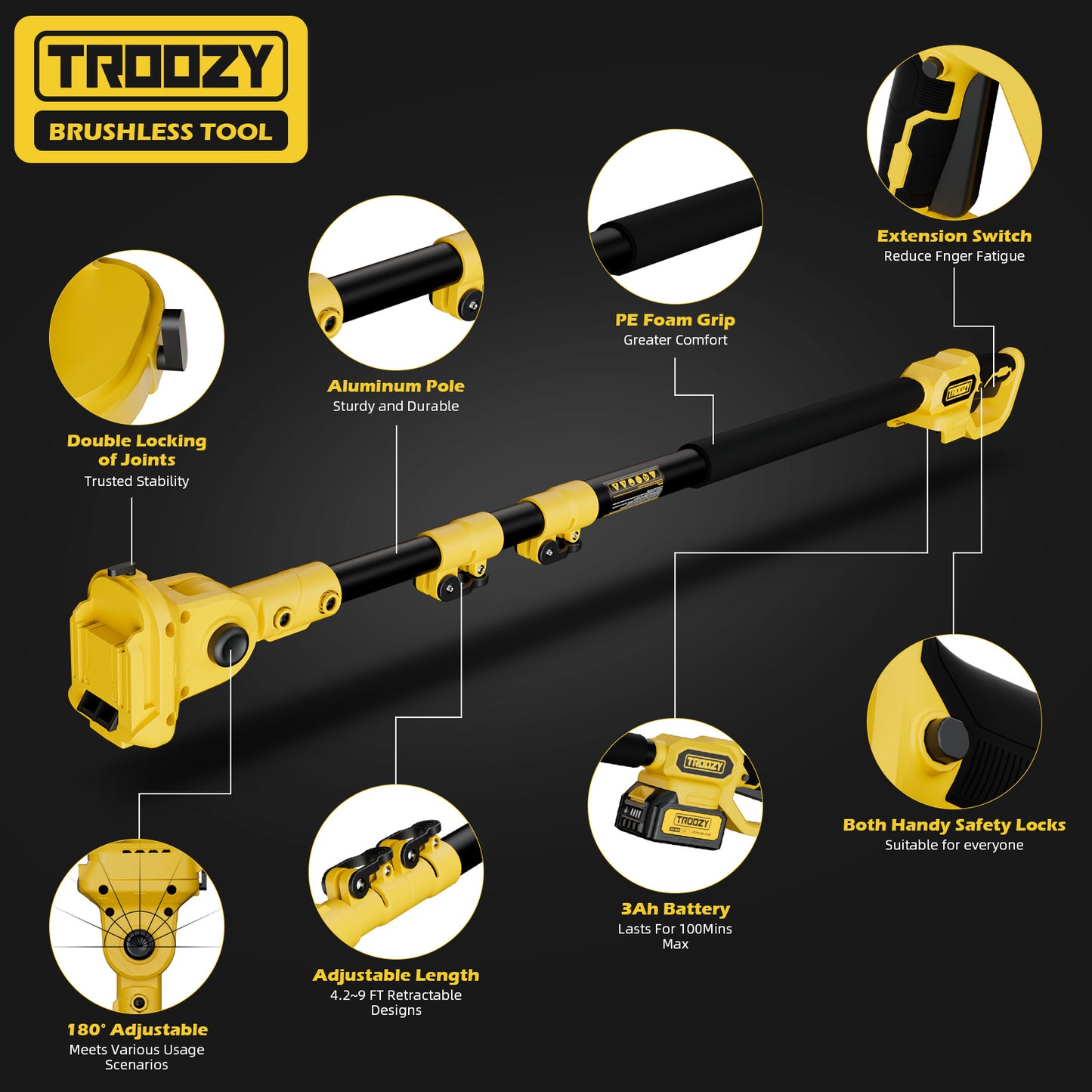 TROOZY Cordless Pole Saw & Mini Chainsaw 2-IN-1